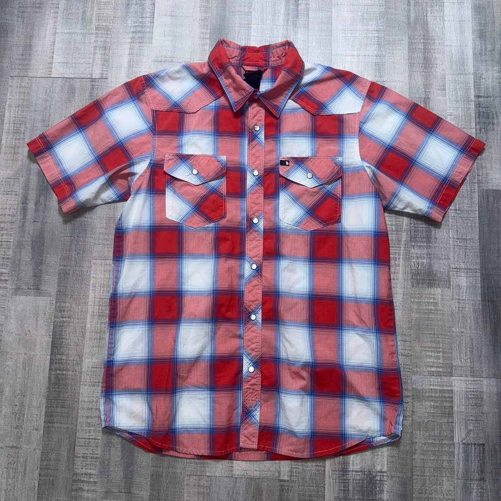 The North Face Men's Small Short Sleeve Plaid Snap Front Western Shirt Red Blue